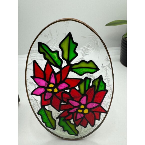 Stained Glass Poinsettia Oval Panel Candle Holder Decor On Textured Glass - Picture 1 of 10